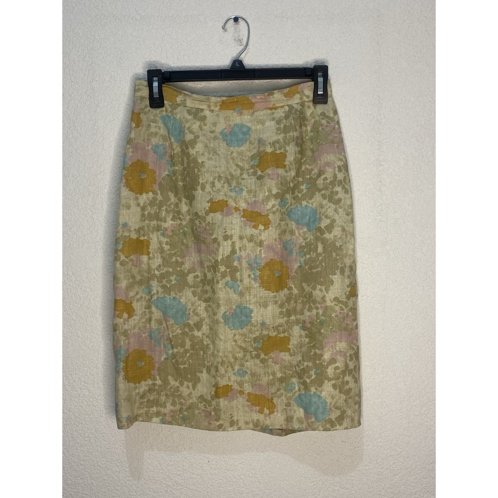 Vintage tan linen floral cottagecore Midi skirt‎ Small M18